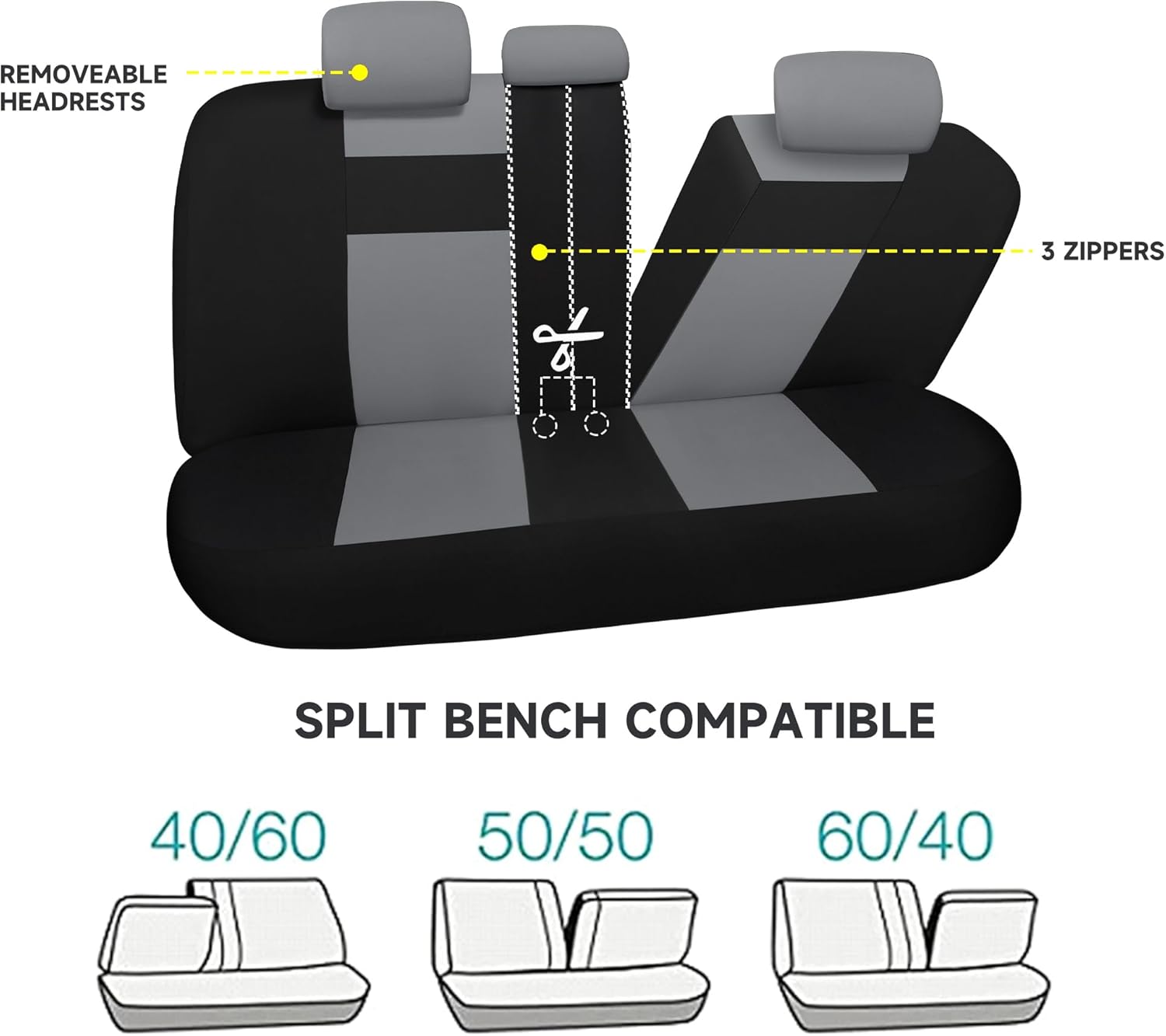 Juego completo de fundas de asiento de automóvil, fundas de asiento de banco dividido delantero y trasero de tela transpirable para automóvil,