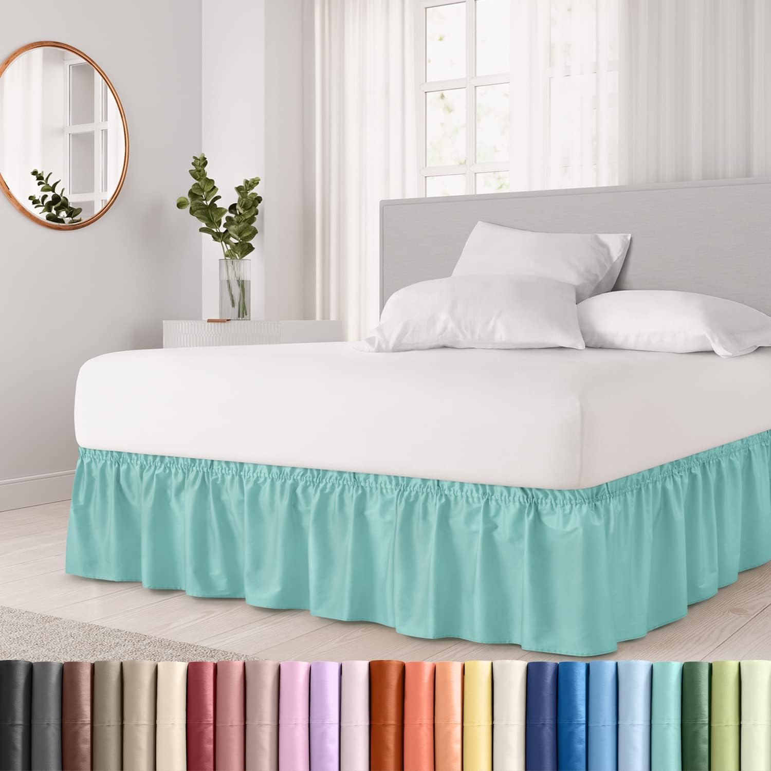 CGK Linens – Falda de cama envolvente con volantes, color azul spa, para camas de tamaño Queen con caída de 12 pulgadas, correa elástica de fácil