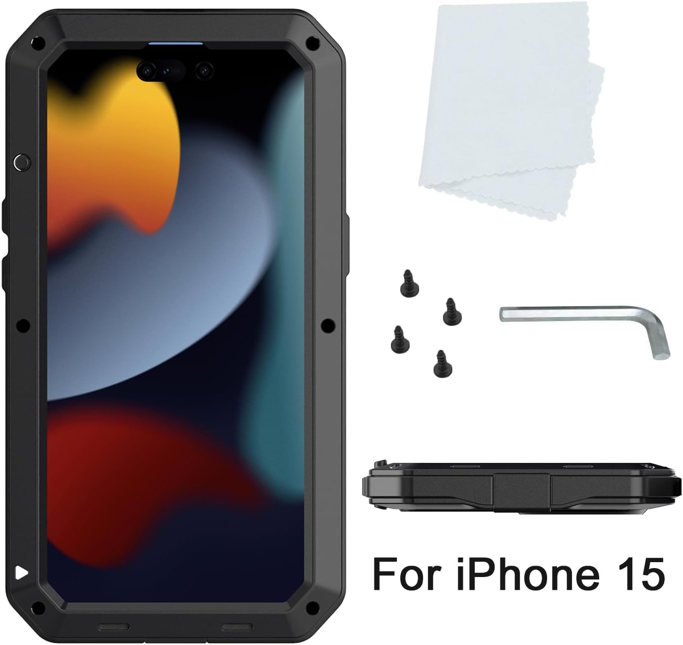 Marrkey Compatible con iPhone 15, funda protectora de cuerpo completo 360, resistente a los golpes, armadura resistente, funda de metal de aleación