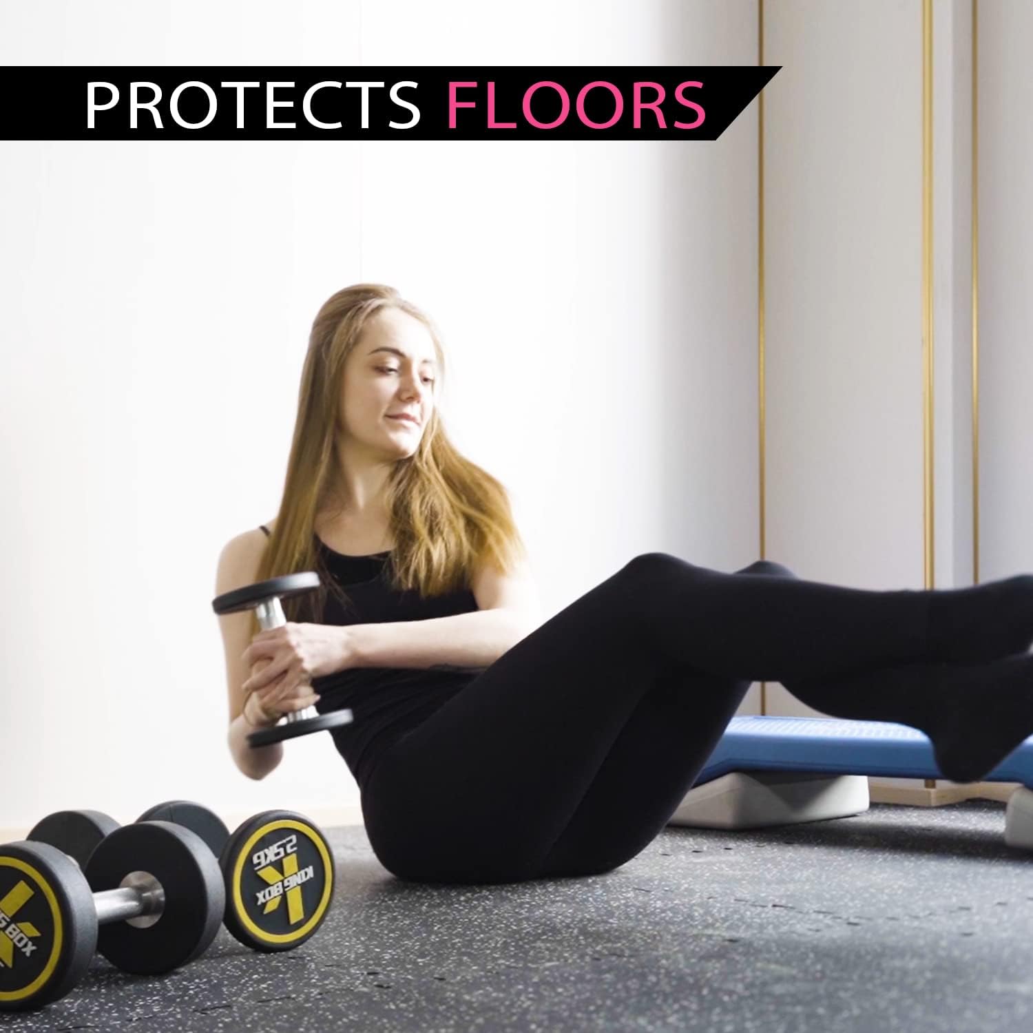 Suelo de gimnasio de 0.56 pulgadas de grosor para gimnasio en casa con parte superior de goma, azulejos de gimnasio entrelazados de 48 pies