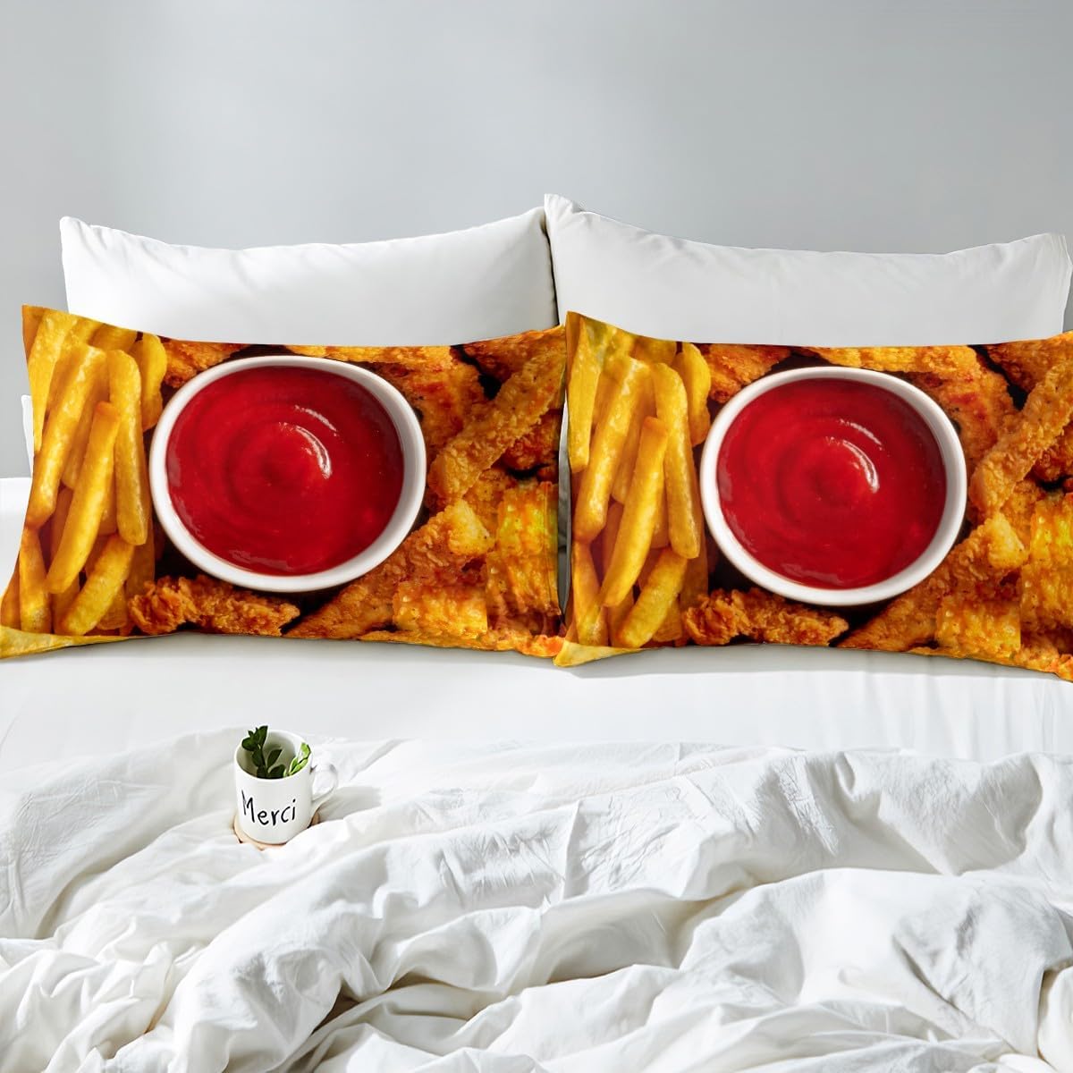Feelyou Juego de sábanas de pollo y comida tamaño individual, sábanas de papas fritas con bolsillo profundo, juego de sábanas ajustables para niños