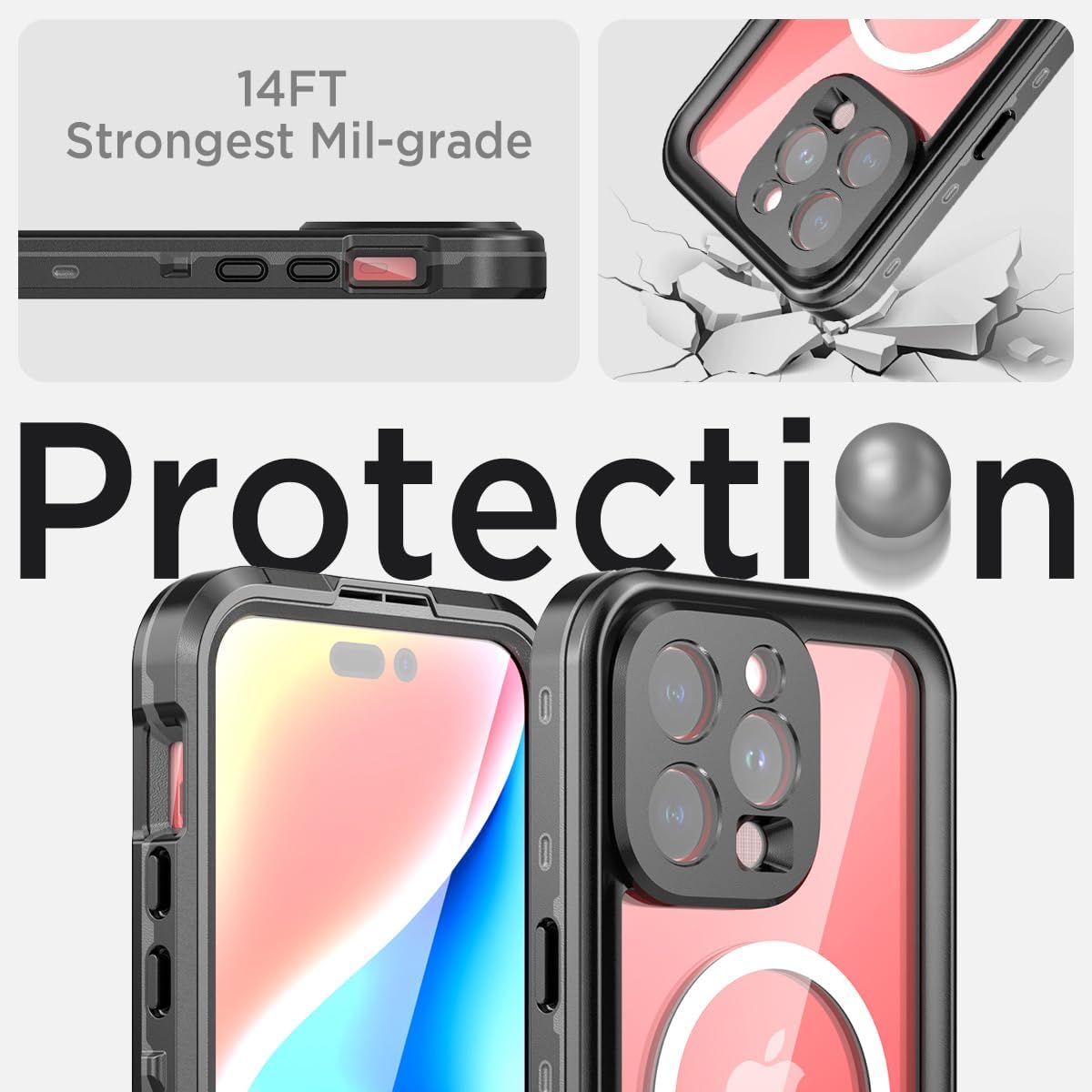 Miimall Funda impermeable para iPhone 15 Pro Max con MagSafe, IP68 bajo el agua protector de pantalla HD integrado 360 grados a prueba de golpes a