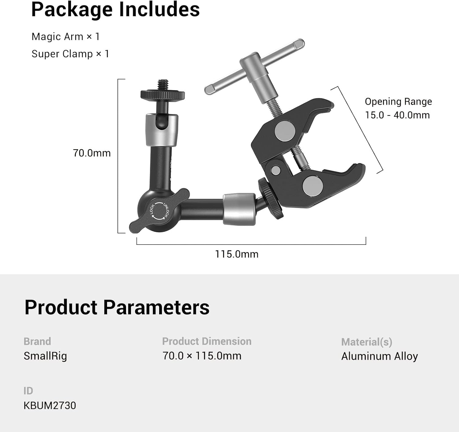 SmallRig Super Clamp con rosca de 14 y 38 pulgadas y brazo mágico articulado de potencia de fricción ajustable de 5.8 pulgadas con tornillo de rosca