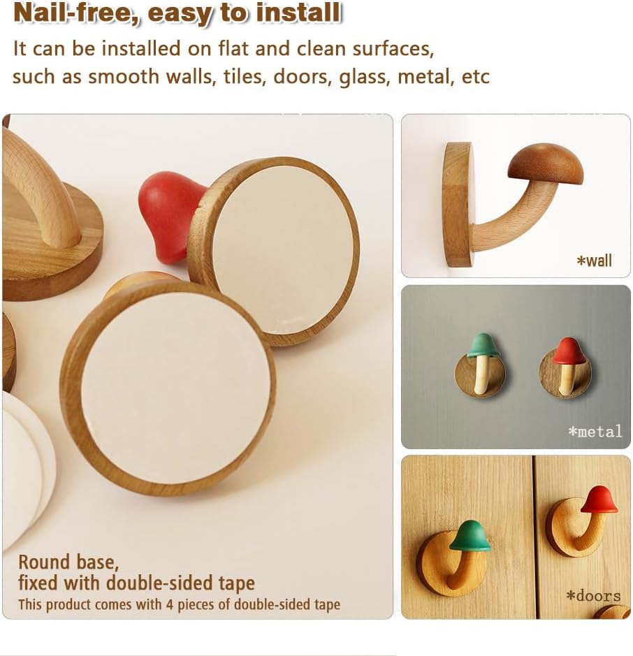 Fun – Gancho de madera con forma de hongo para abrigo, gancho de madera maciza no perforado, gancho de puerta de baño para cocina, baño, guardarropa