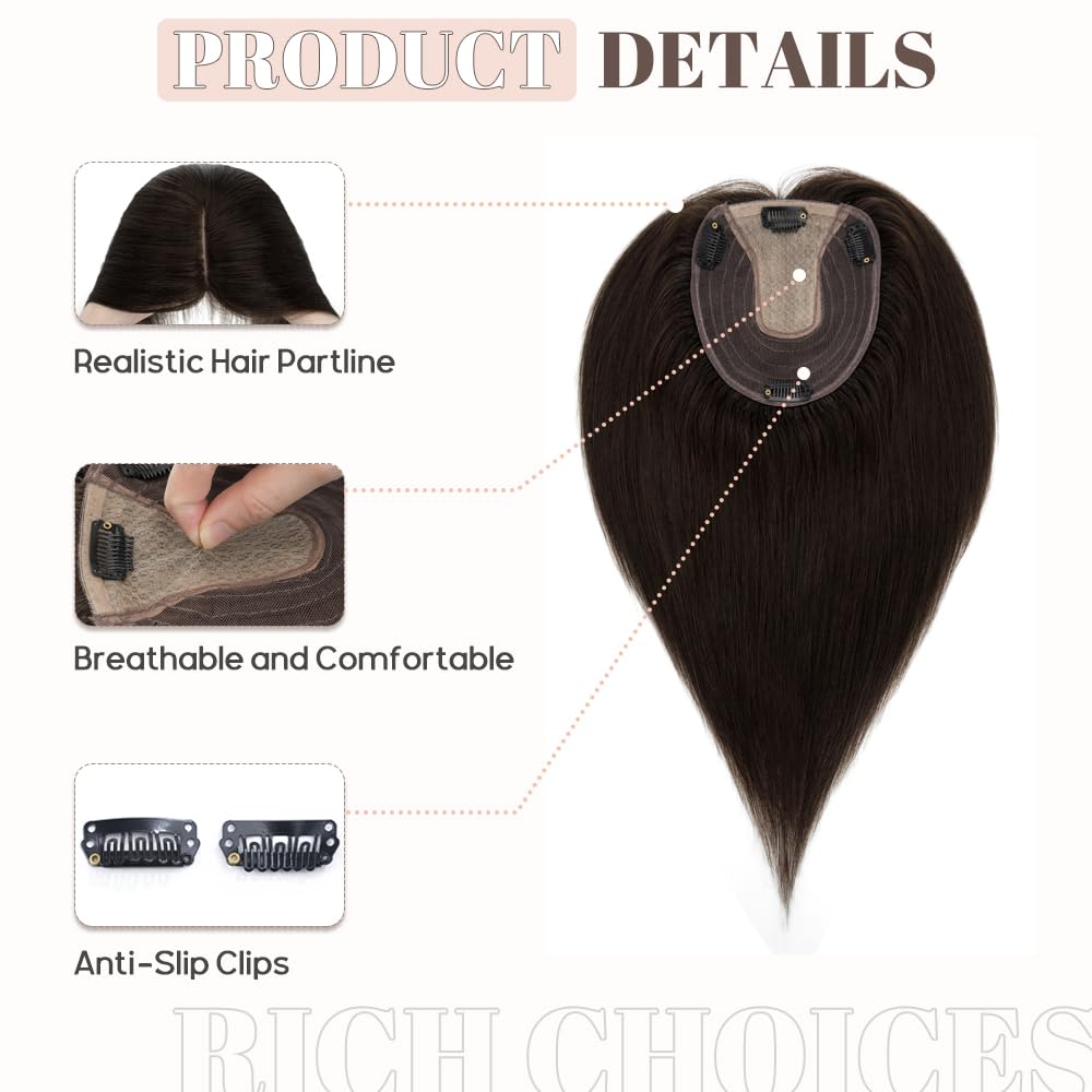 Rich Choices Toppers para el cabello para mujer, 100% cabello humano real, sin flequillo, 5.1 x 5.9 in, base de seda, clip en la parte superior de
