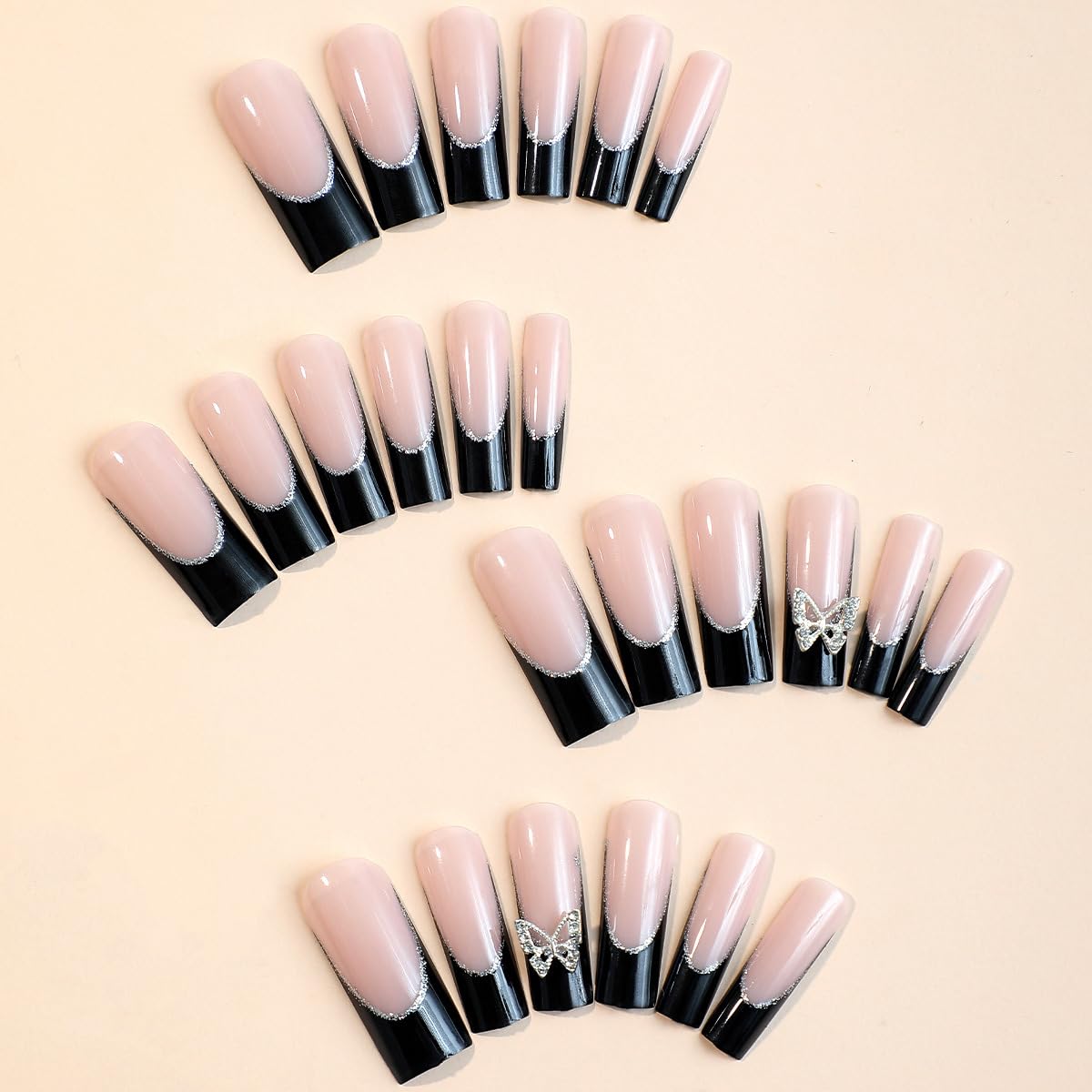24 uñas postizas a presión con punta francesa, uñas postizas largas color rosa nude, con diseño de mariposa con diamantes de imitación, uñas