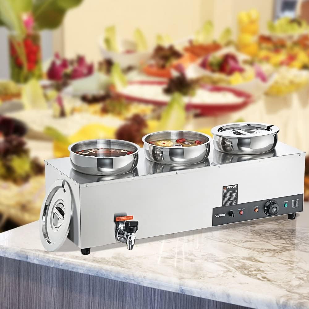 Calentador de sopa Bain Marie – Estación eléctrica comercial de 1200 W con tres ollas de acero inoxidable de 7.4 cuartos de galón y botón de