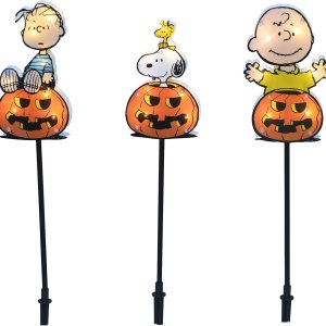 ProductWorks Marcadores de camino de calabaza de personajes de cacahuetes planos de 22 pulgadas con luces LED preiluminadas de 3 piezas ProductWorks Marcadores de camino de calabaza de personajes de cacahuetes planos de 22 pulgadas con luces LED preiluminadas de 3 piezas