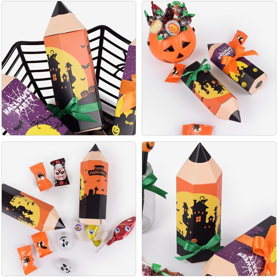 Suministros de fiesta, 50 unidades de Halloween con forma de lápiz, caja de regalo de dulces, cajas de golosinas para dulces, contenedor para