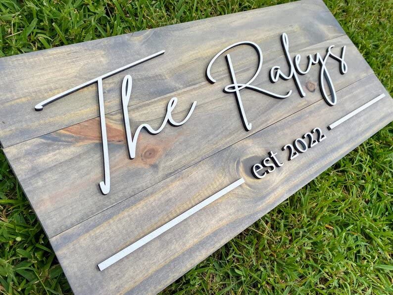 Personzalized 3D Style Effect Wood Sign for Easy Customization and Family Name Wedding Gift (White Text – Gray Stain)
