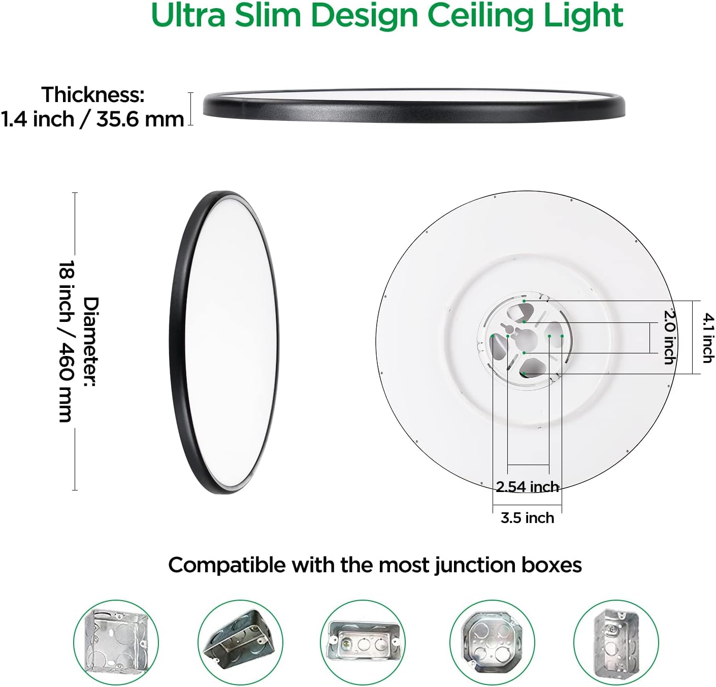 TALOYA Lámpara de techo LED de montaje empotrado negro de 18 pulgadas para sala de estar, comedor, ultrafina, superficie redonda, brillo regulable