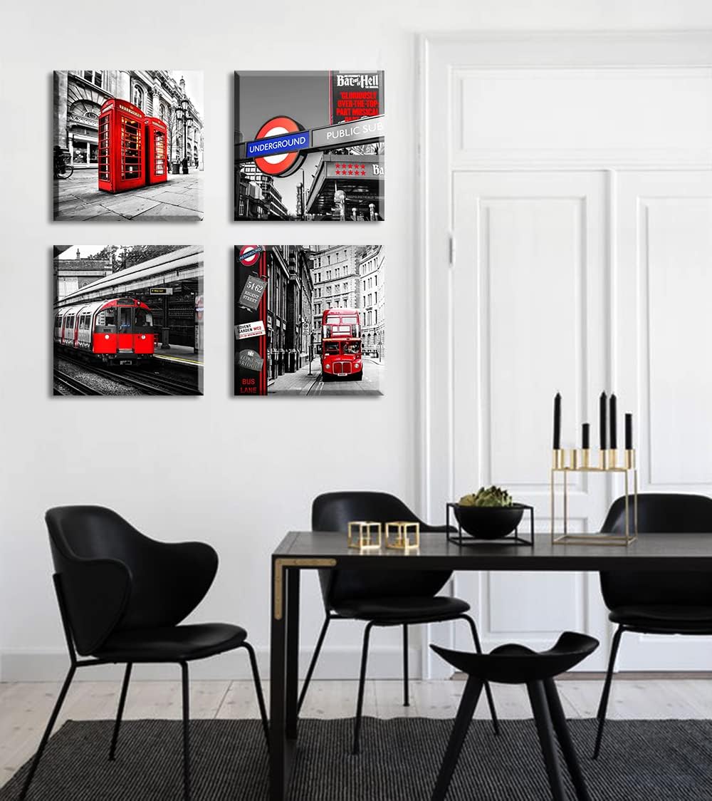 JiazuGo Arte de pared en blanco y negro, decoración de pared roja, arte de construcción de ciudad, cabina de teléfono roja, autobús en Londres,