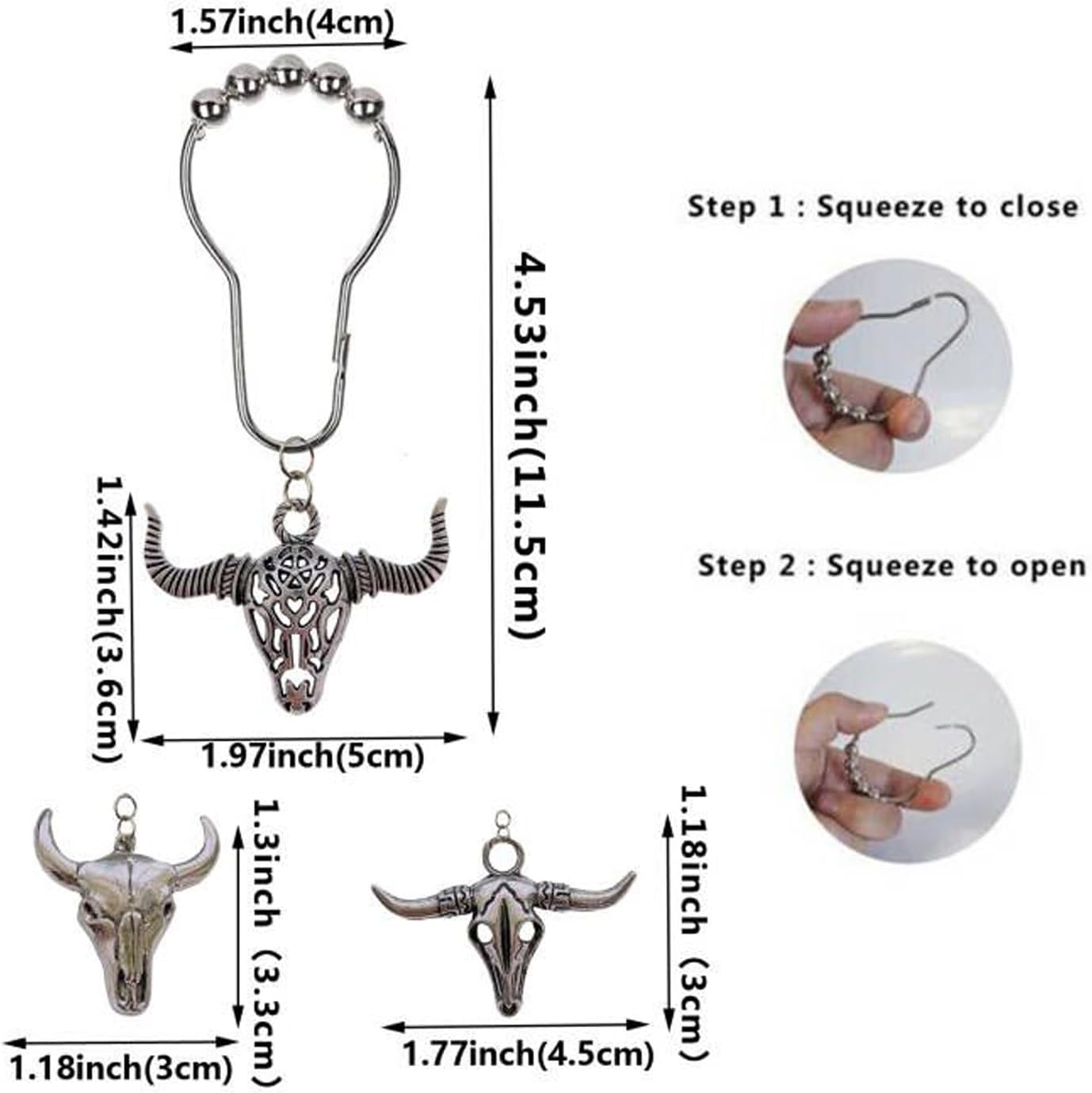 Ganchos para cortina de ducha de vaca, 12 piezas de acero inoxidable a prueba de óxido, accesorios para colgantes de calaveras de toro, vida