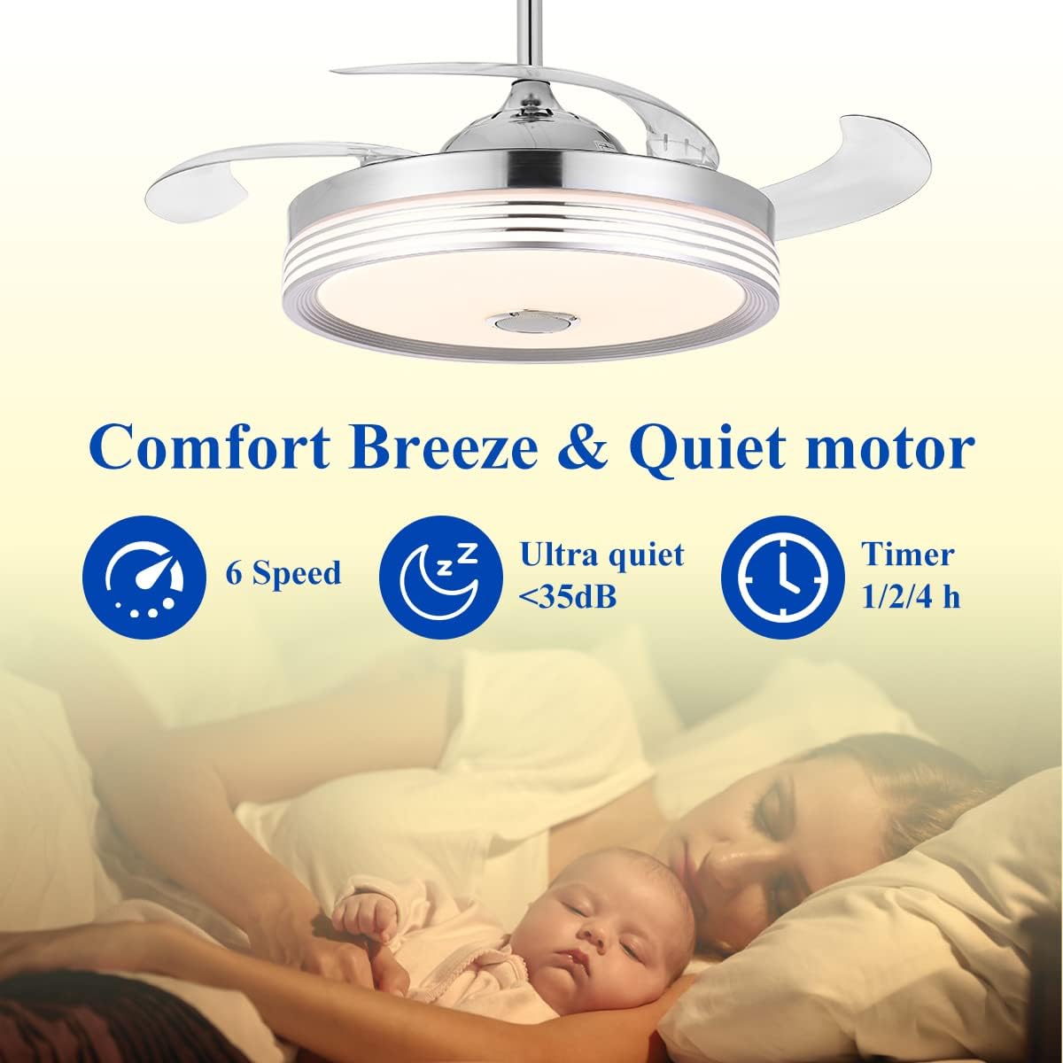 Ventilador de techo retráctil de 42 pulgadas con luz y control remoto de aplicación, lámpara de altavoz Bluetooth, luces regulables de color RGB