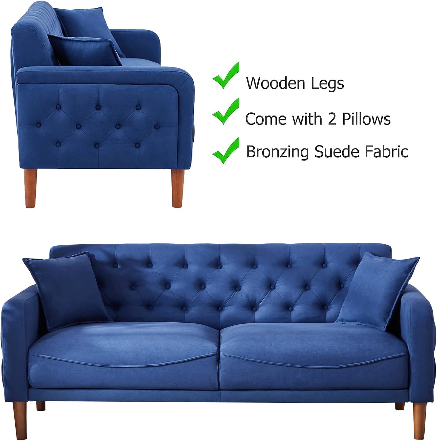 Aoowow Sofás y sofás de tela de lino de 78 pulgadas de largo, sofá moderno de mediados de siglo con 2 almohadas, reposabrazos y patas de madera para