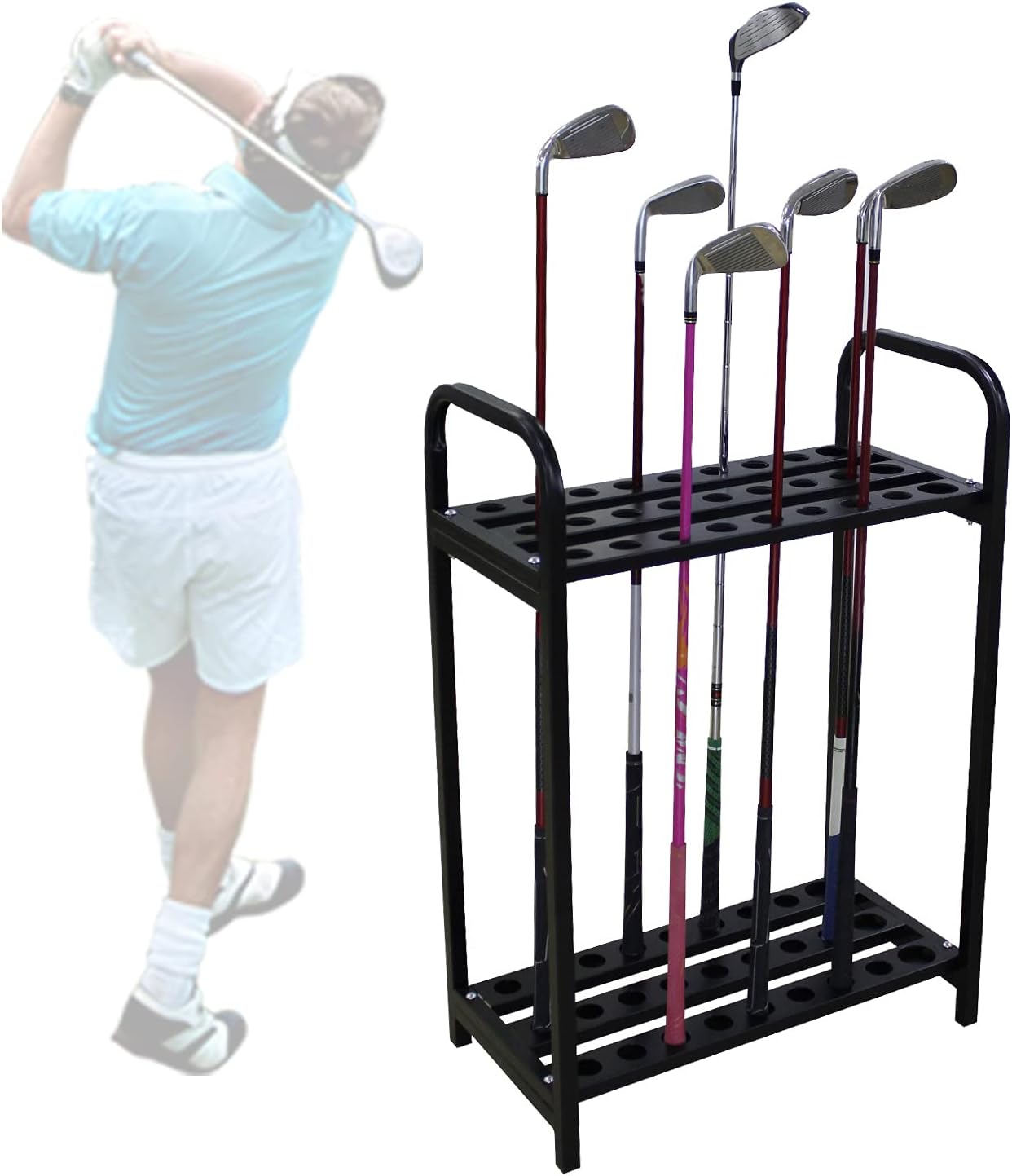 Soporte de canastón de golf, organizador de palos de golf de metal, estante de exhibición, juego de palos de golf, estante de canastero de golf para