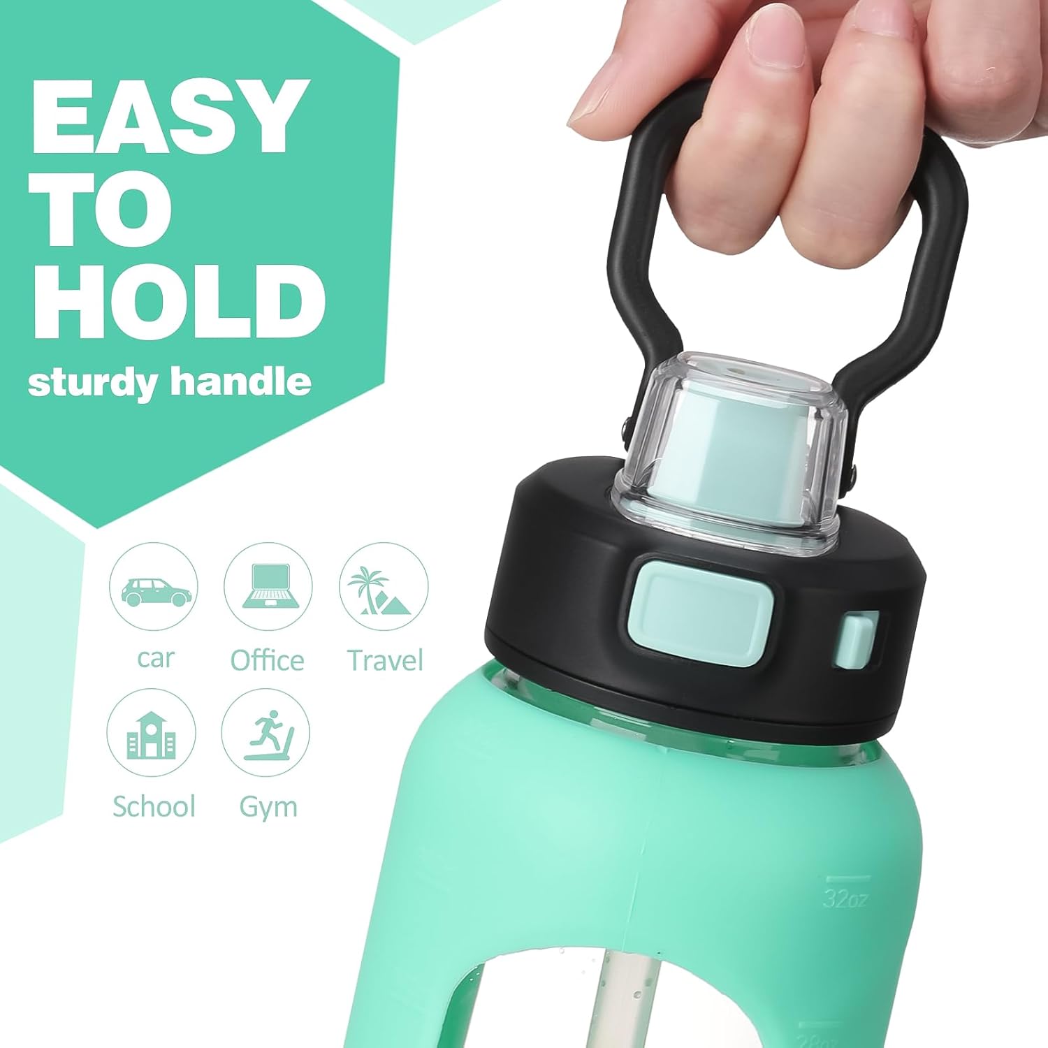 BLUEGO Botella de agua de vidrio de 32 onzas con pajilla, botellas de agua motivacionales con marcador de tiempo y funda de silicona, botella de