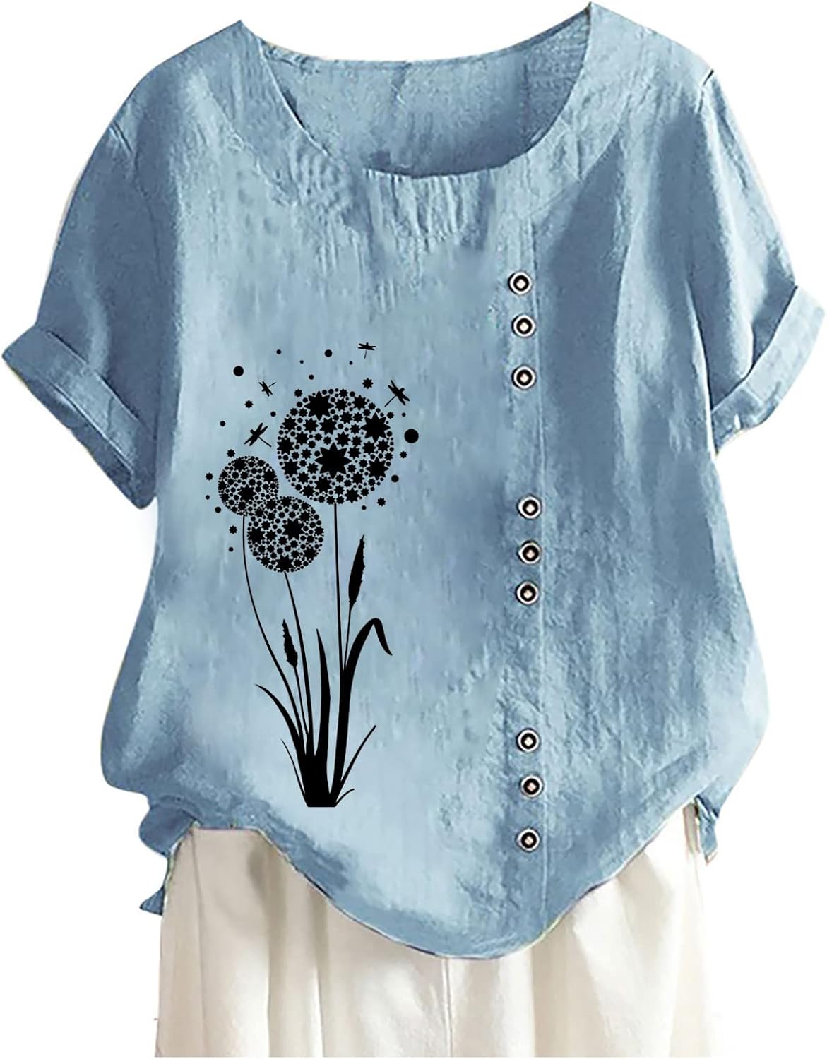 JEGULV Camiseta de algodón y lino para mujer, estilo casual, holgada, a la moda, con estampado floral, de manga corta, blusas con botones
