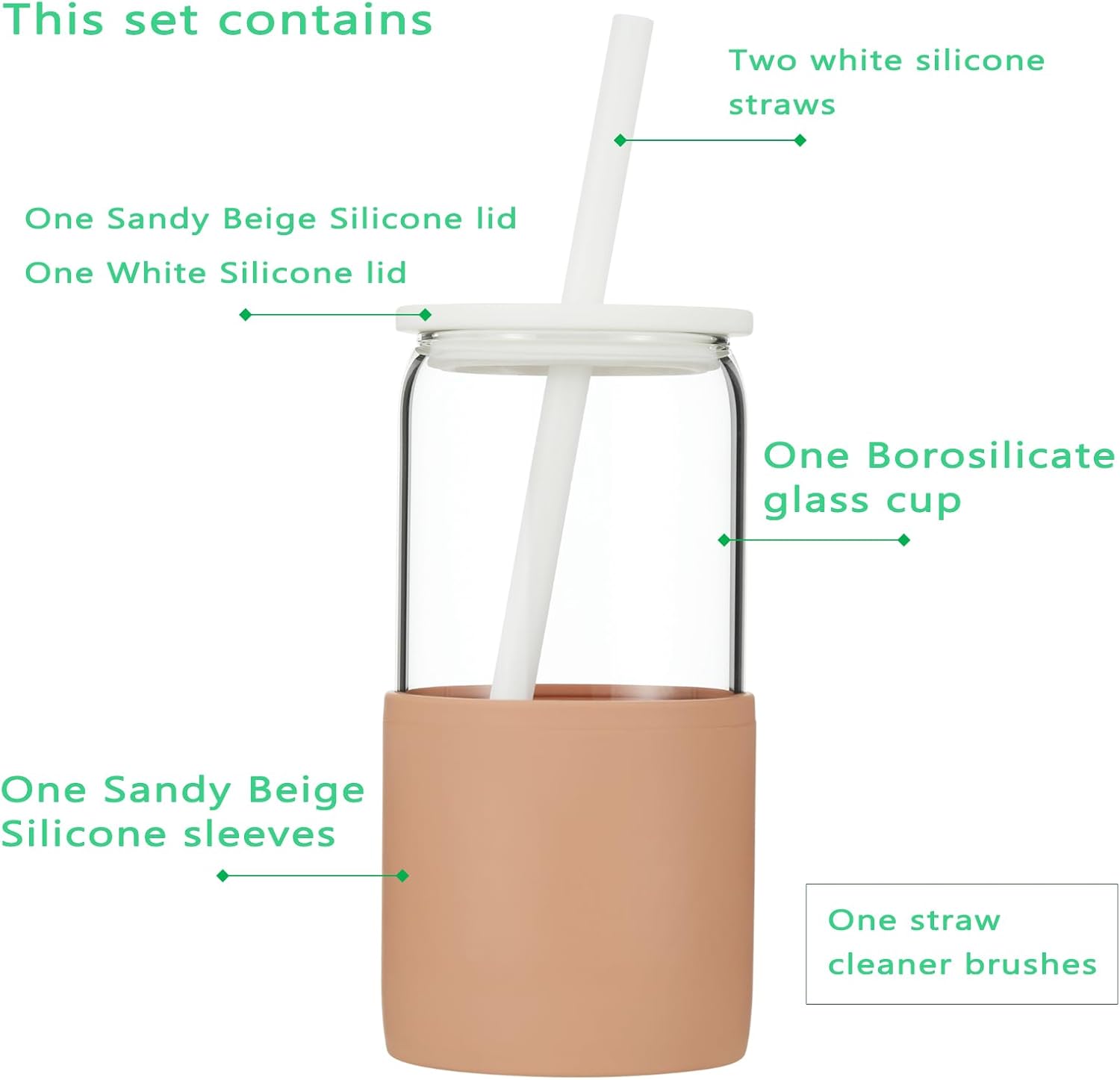Sunseeke Vaso de vidrio con popote y tapa, taza de café helado de 16 onzas, cepillos de limpieza de fundas de silicona, vasos para agua, café
