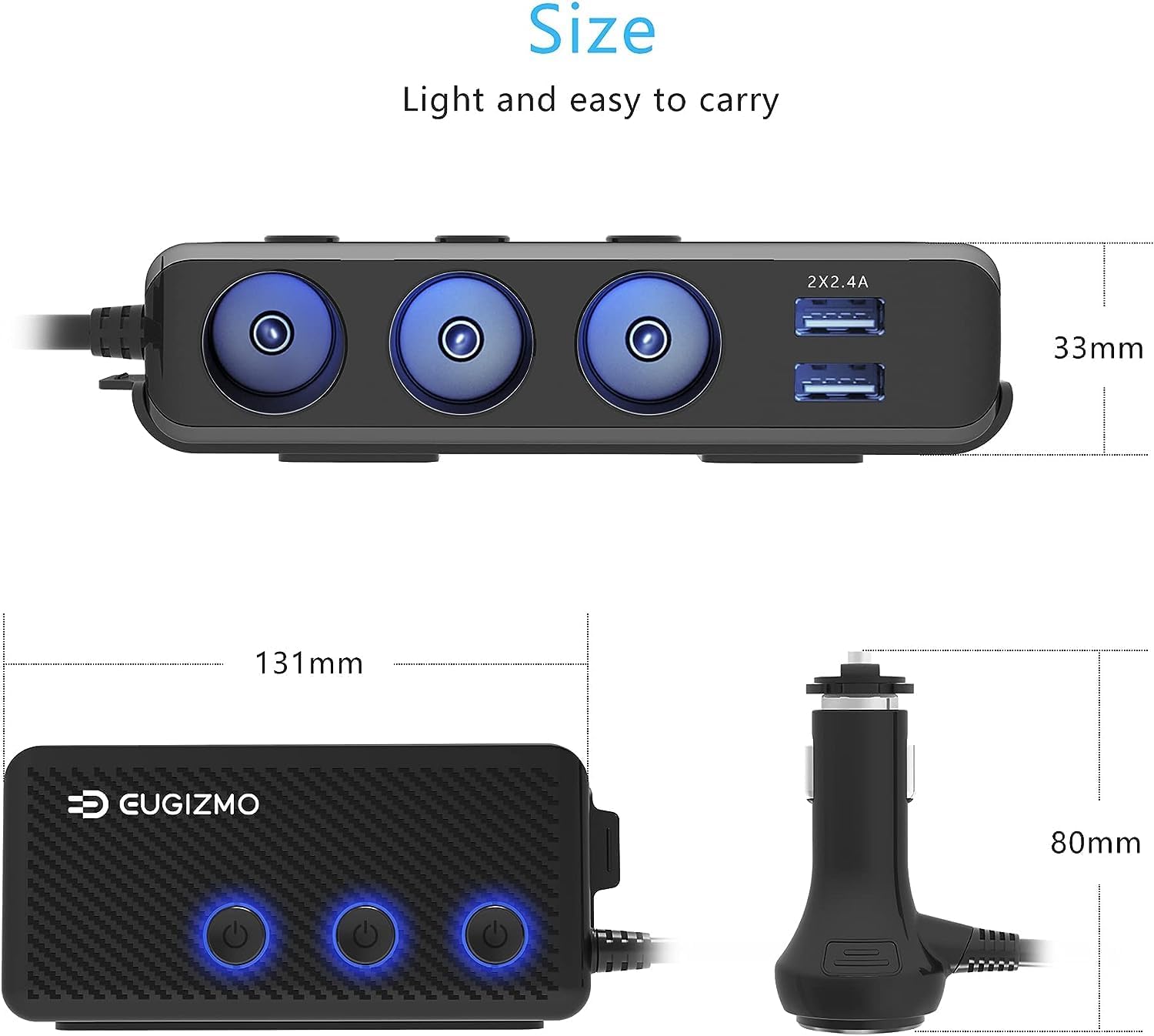 Divisor de enchufe para encendedor de cigarrillos, 3 zócalos de 200 W, adaptador de encendedor de cigarrillos USB, cable de extensión de cargador