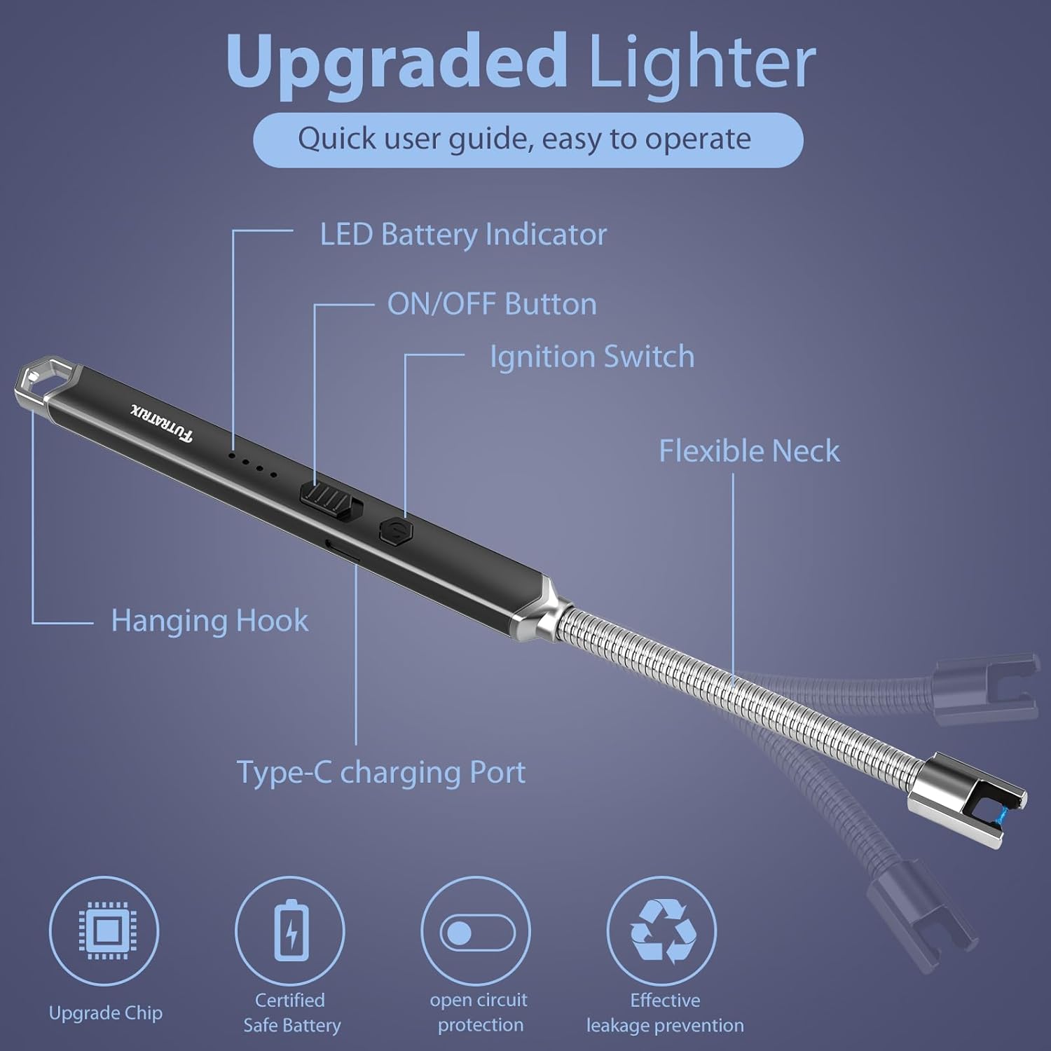 Encendedor electrónico de vela de arco, resistente al viento, sin llama, recargable por USB, encendedor eléctrico (1 unidad, negro)