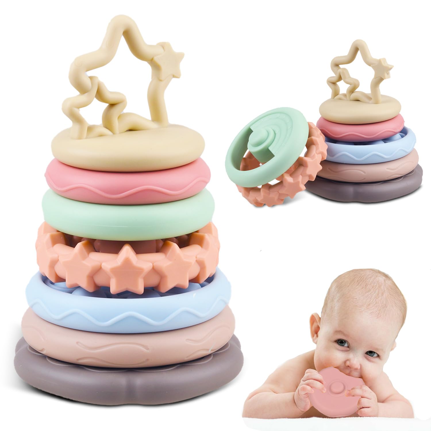 Juguetes de dentición para bebés, anillos apilables de bloques de construcción para niños pequeños Montessori, juguetes de viaje sensoriales para
