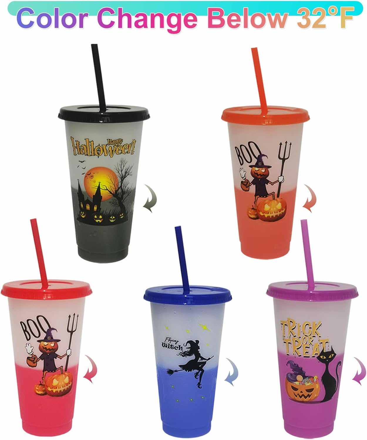 Aodse Vasos que cambian de color de Halloween con tapas y pajitas, paquete de 10 vasos de plástico de 24 onzas con castillo, calabaza, gato negro