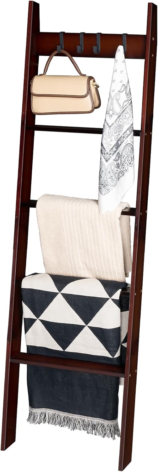 Escalera para manta para sala de estar y dormitorio, toallero de pared de 5 niveles para baño, estante decorativo de escalera con 4 ganchos