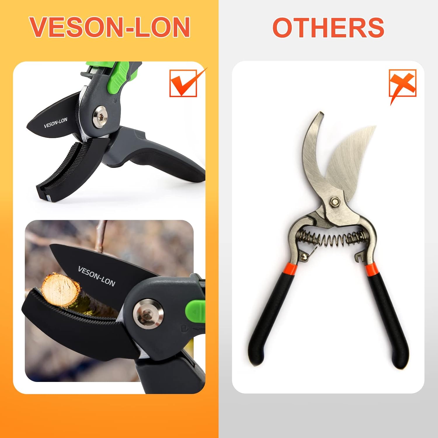 VESON-LON Tijeras de podar antideslizantes de 8.26 pulgadas para jardinería, herramientas de jardín, tijeras de jardín resistentes con absorción de