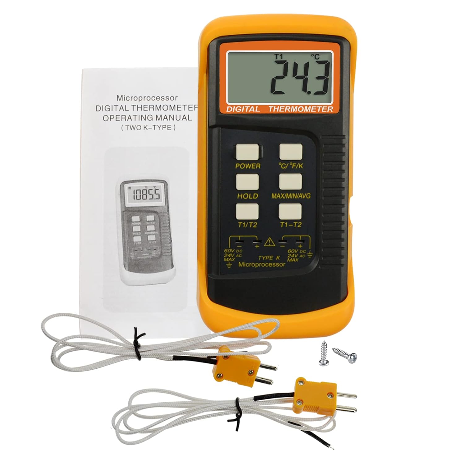 Termómetro digital tipo K de 2 canales 2 termopares -50  2,372.0 F (-58  2372 F) Sensor de medición dual de escala Kelvin de alta temperatura