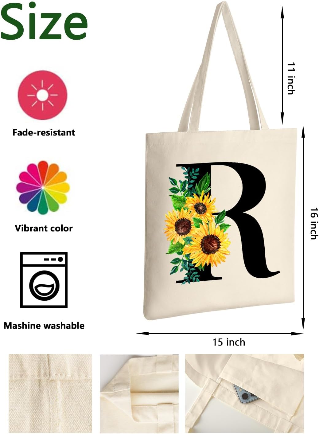AUSVKAI Bolsa de lona estética para mujer, lindas bolsas de girasol con iniciales de moda con asa para comestibles