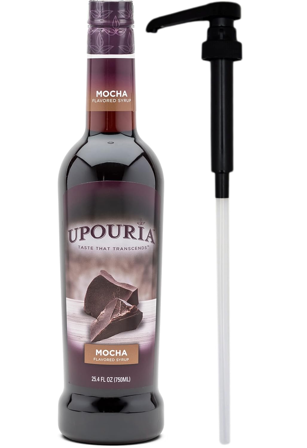 Upouria – Jarabe de café moca saborizante, 100% vegano, sin gluten, Kosher, botella de 25.4fl oz, bomba de jarabe de café incluida