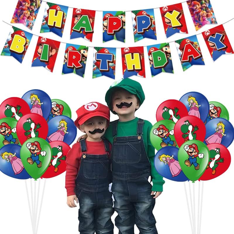 Suministros de fiesta de Super Brother, decoración de fiesta de cumpleaños con temática de Mario incluye pancarta, telón de fondo, globos,