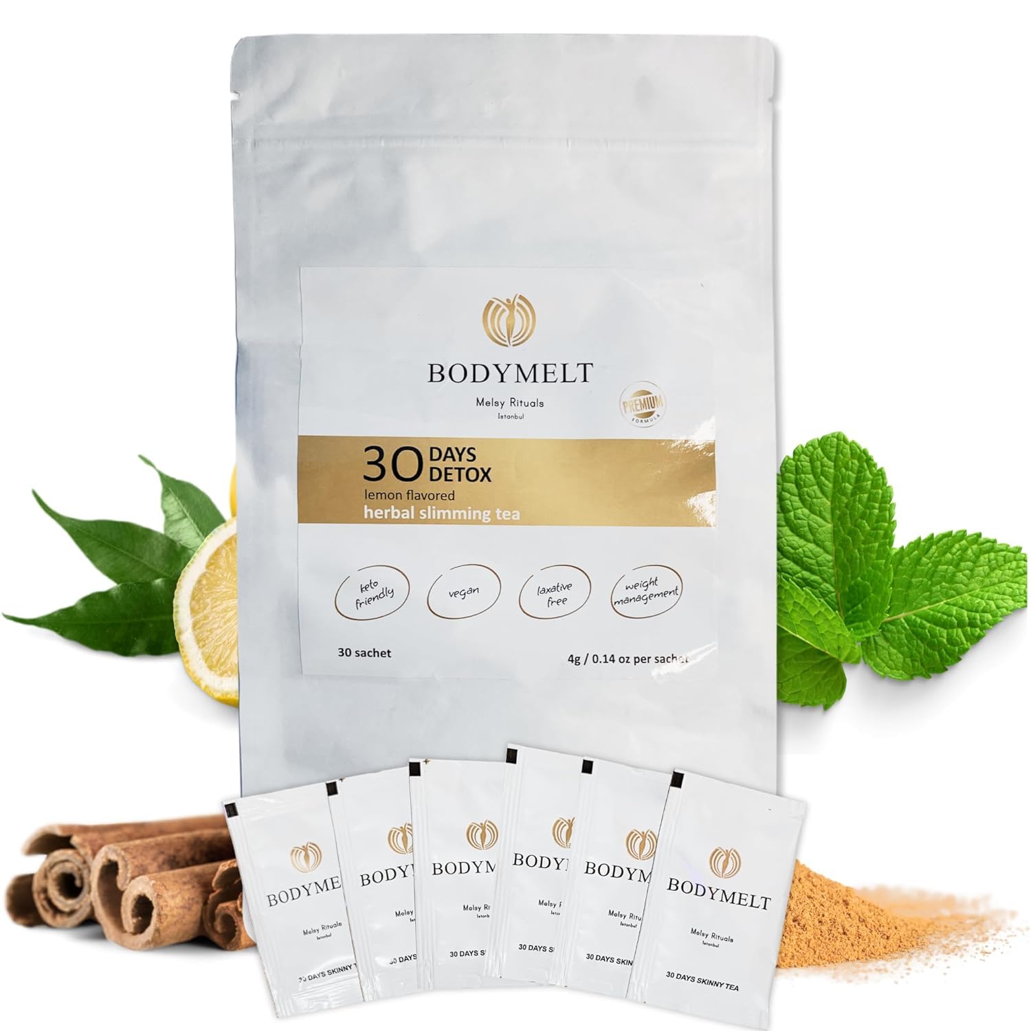 BODYMELT 30 Days Detox Tea Powder Form  Fórmula de té de hierbas  Té en polvo de 30 bolsitas  0.14 oz  15 mezclas de hierbas y potenciador de