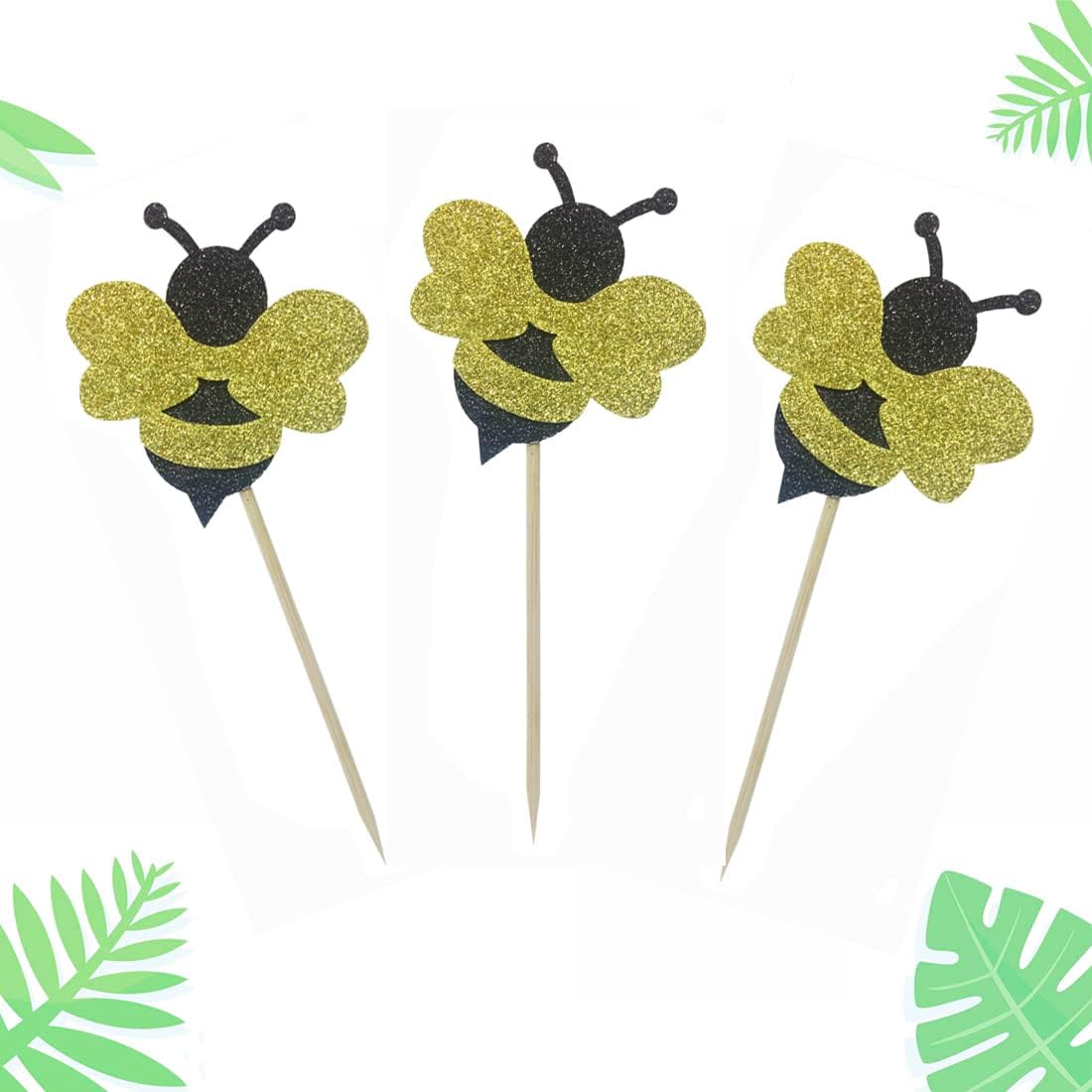 Morndew 24 adornos para cupcakes de abejorros con purpurina para fiestas temáticas de abejas, revelación de género, baby shower, fiesta de