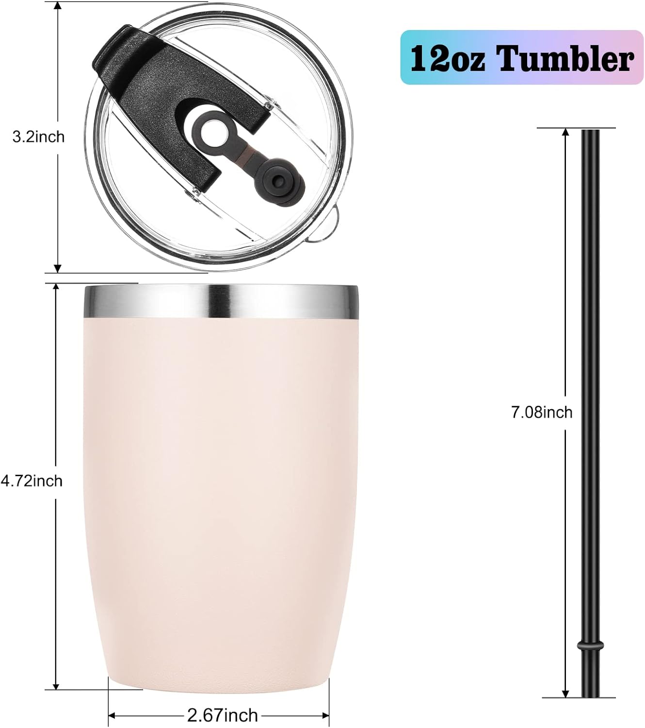 VEGOND – Vaso de acero inoxidable con tapa y popote, 12 onzas, doble pared con aislamiento térmico al vacío, taza de café reutilizable y portátil