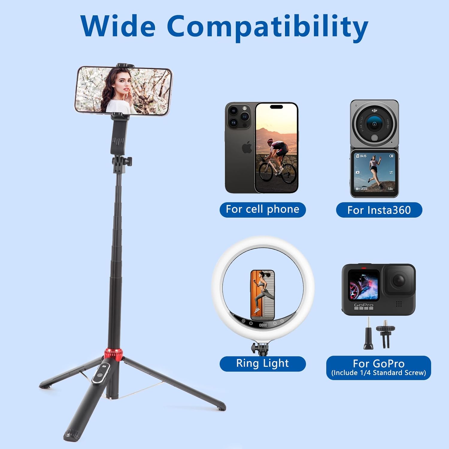 Trípode de teléfono de 60 pulgadas y palo para selfie, trípode extensible portátil para teléfono, soporte de trípode de aleación de aluminio con