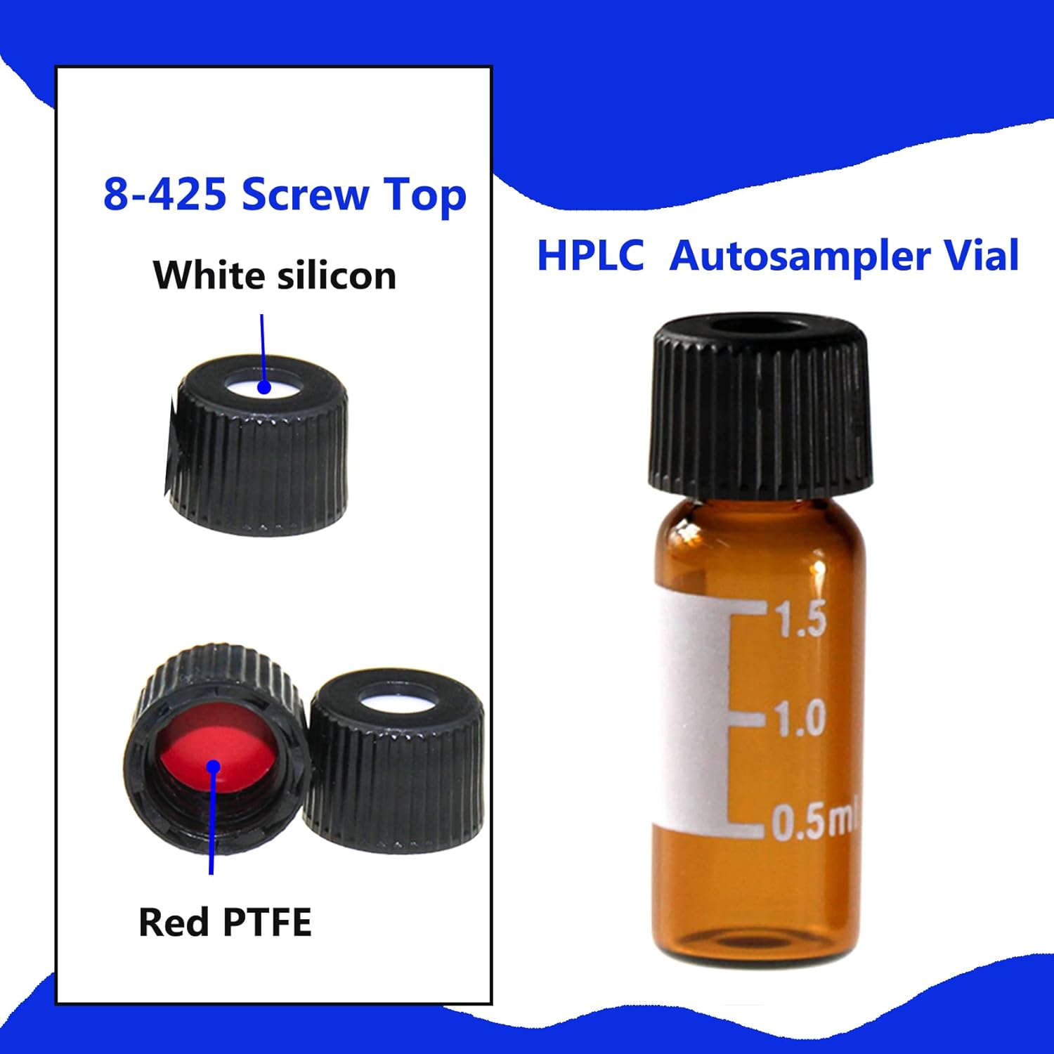 Vial de HPLC de 0.31 fl oz y 0.315 pulgadas, vial de muestras de borosilicato con graduación, vial roscado de rosca tipo 8-425, tapón de rosca negro