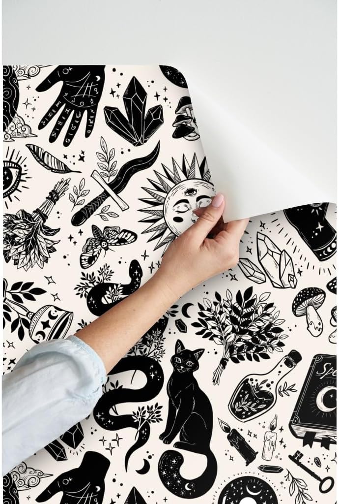 Spoonflower Papel tapiz para despegar y pegar, color negro, blanco, gótico, gótico, mágico, de Halloween, bruja, monocromático, extraíble,