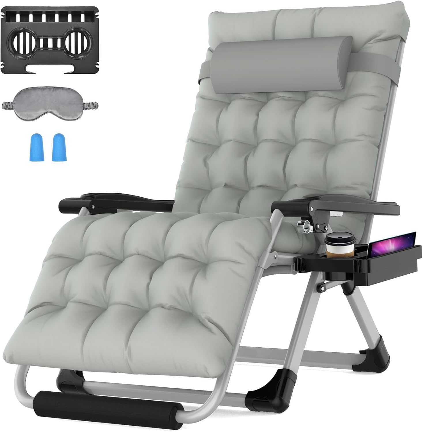 Suteck Silla de gravedad cero de gran tamaño de 33 pulgadas XXL con cojín extraíble, sillas de salón para exteriores, sillón reclinable con soporte