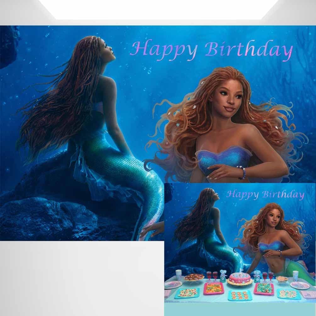 Telón de fondo de cumpleaños de sirena de Ariel negro 2023 bajo el mar, fondo de película para mesa de pastel, 7 x 5 pies, 164