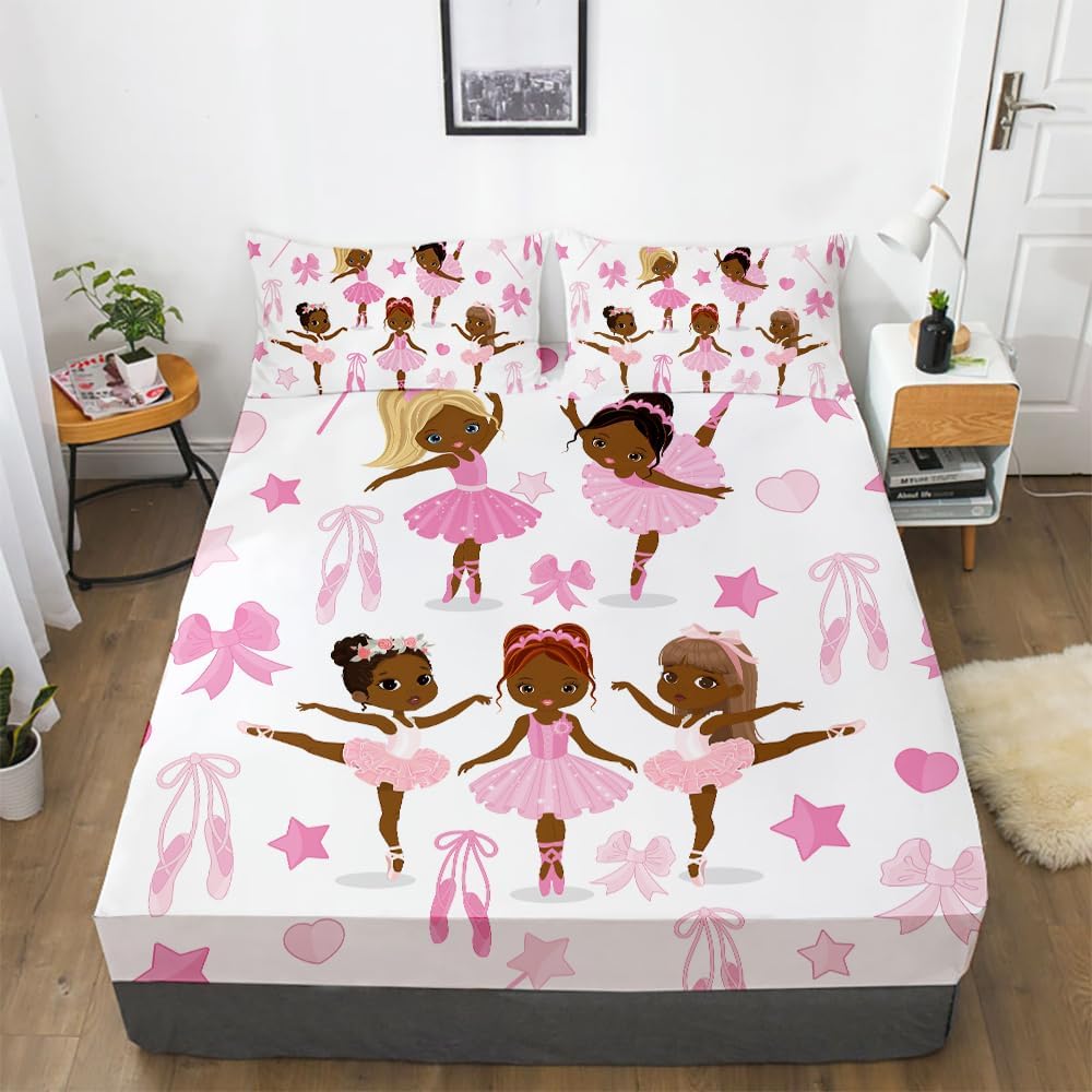 Juego de sábanas bajeras de tamaño Queen con diseño de niña negra afroamericana, bailarina de ballet con corazón y estrella, juego de ropa de cama