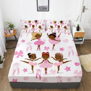 Juego de sábanas bajeras de tamaño Queen con diseño de niña negra afroamericana, bailarina de ballet con corazón y estrella, juego de ropa de cama Juego de sábanas bajeras de tamaño Queen con diseño de niña negra afroamericana, bailarina de ballet con corazón y estrella, juego de ropa de cama