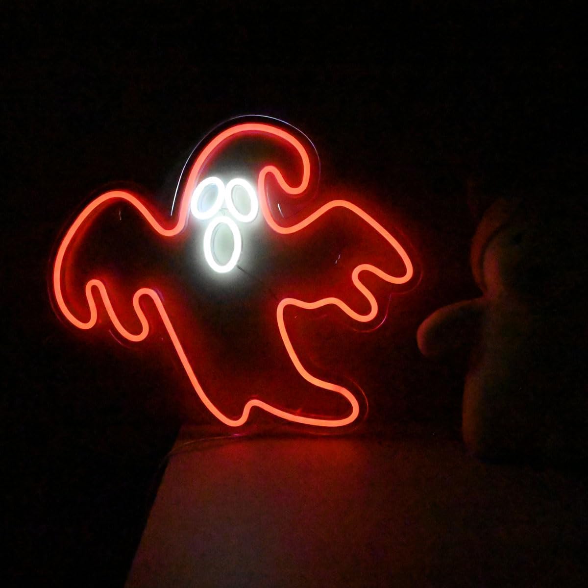 Luz de neón fantasma de Halloween, luz LED de fantasma rojo, luz de decoración de fiesta de interiores, decoración colgante de 14 pulgadas, letrero