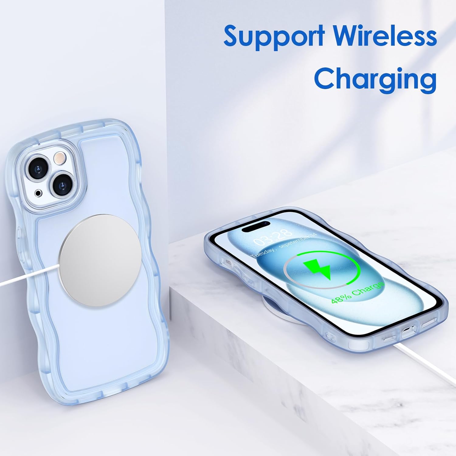 Anuck Funda para iPhone 15 con borde ondulado, diseño trasero transparente, agarre antideslizante, lindo marco ondulado y rizado, a prueba de