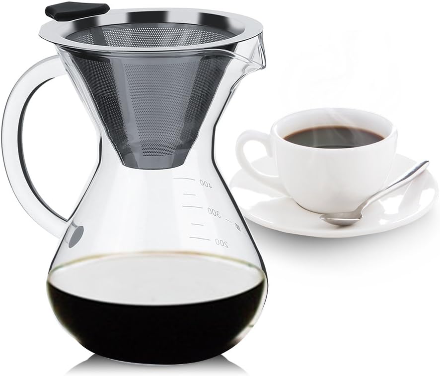 Glass Hand Drip Coffee Maker Pot with Stainless Steel Permanent Filter – 400ML with Scale