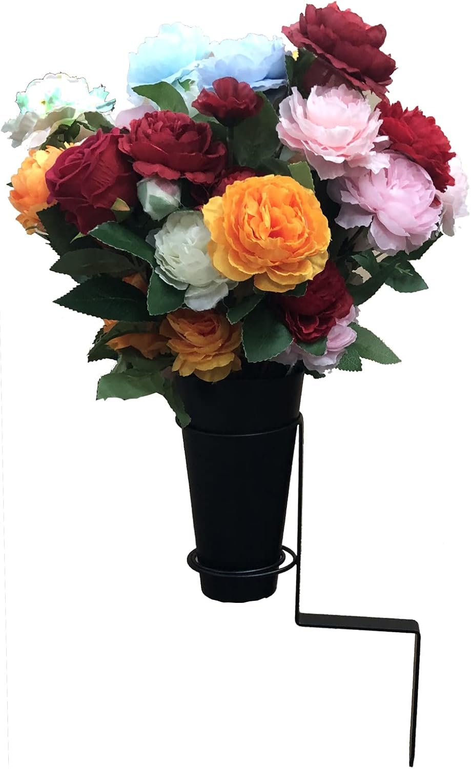 Florero de cementerio de metal para decoraciones de cementerio de tumbas para cementerio de tumba en suelo con estacas y espuma floral azul