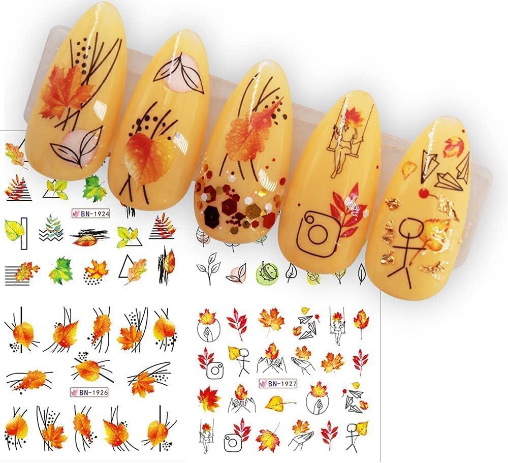 24 hojas de calcomanías de uñas de otoño, Acción de Gracias, calcomanías de arte de uñas de pavo, hoja de arce, calabaza, diseño de uñas,