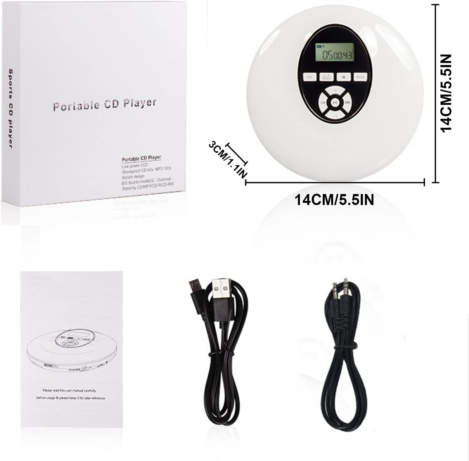 Reproductor de CD portátil, reproductor de música de alta fidelidad para auriculares, tarjeta TF de cable AUX, para viajes en casa y automóvil,