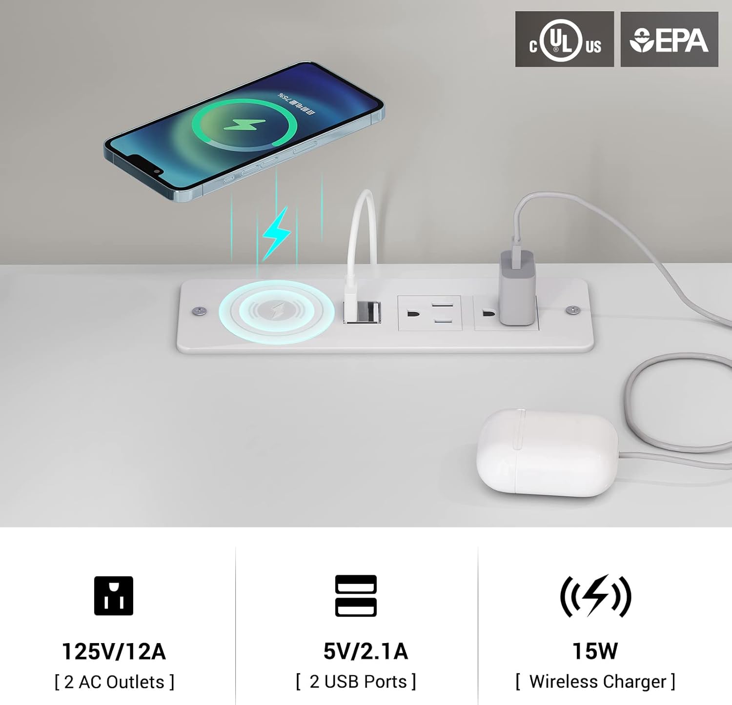 ADORNEVE Juego de 2 mesitas de noche LED, mesita de noche con estación de carga inalámbrica y luces LED, mesita de noche blanca con estante